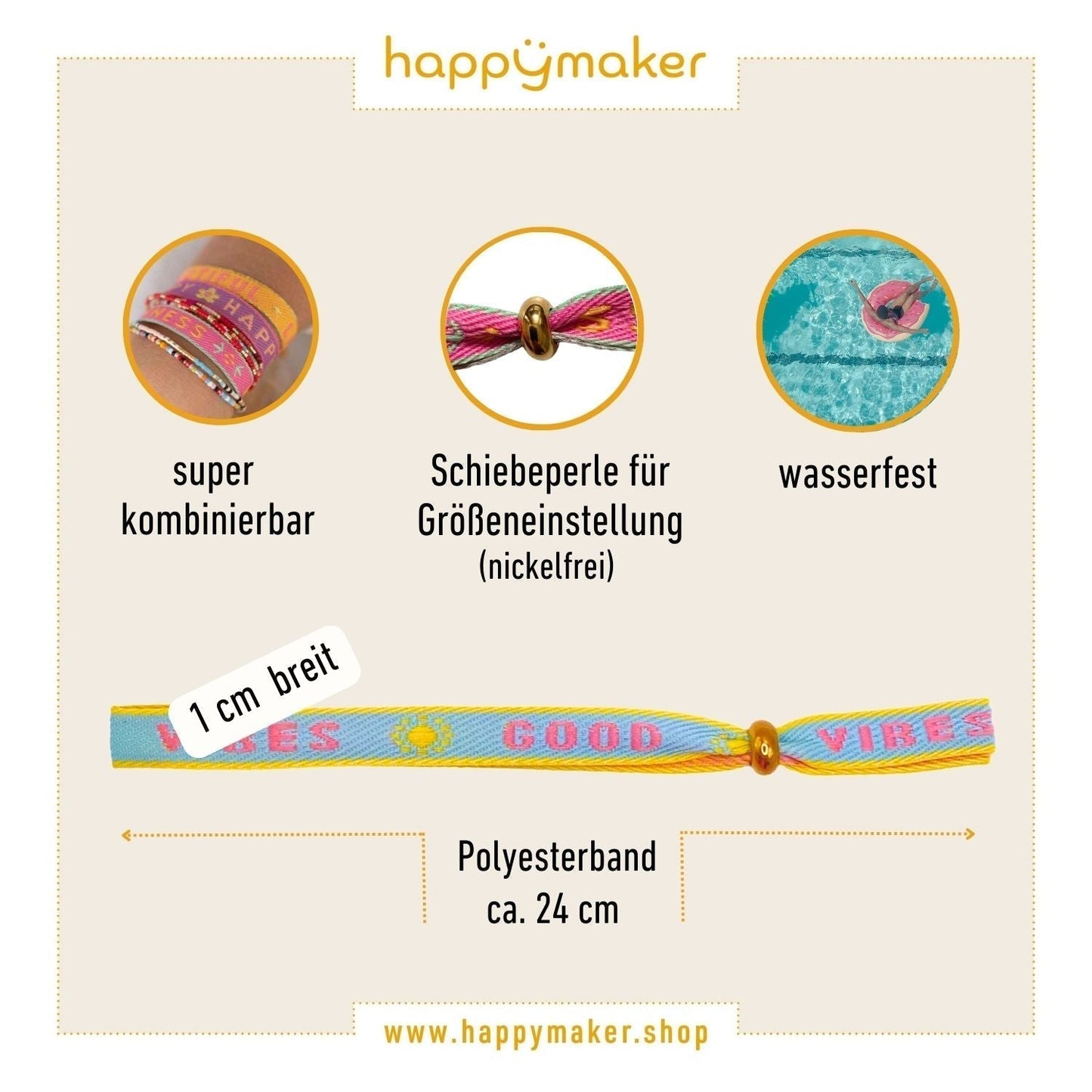 Boho Armbänder Set with colorful beads, adjustable slider, and waterproof feature.