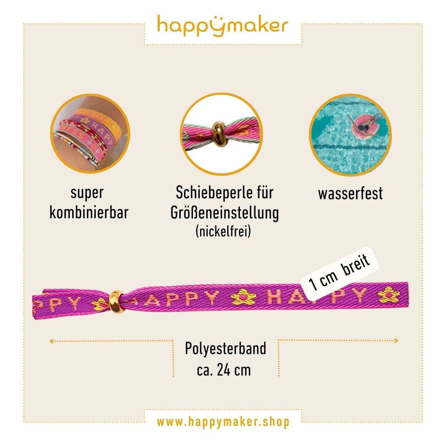 Lila Statement Armband "Happy" mit verstellbarer Schiebeperle, wasserfest, 1 cm breit, aus Polyester, ca. 24 cm lang.