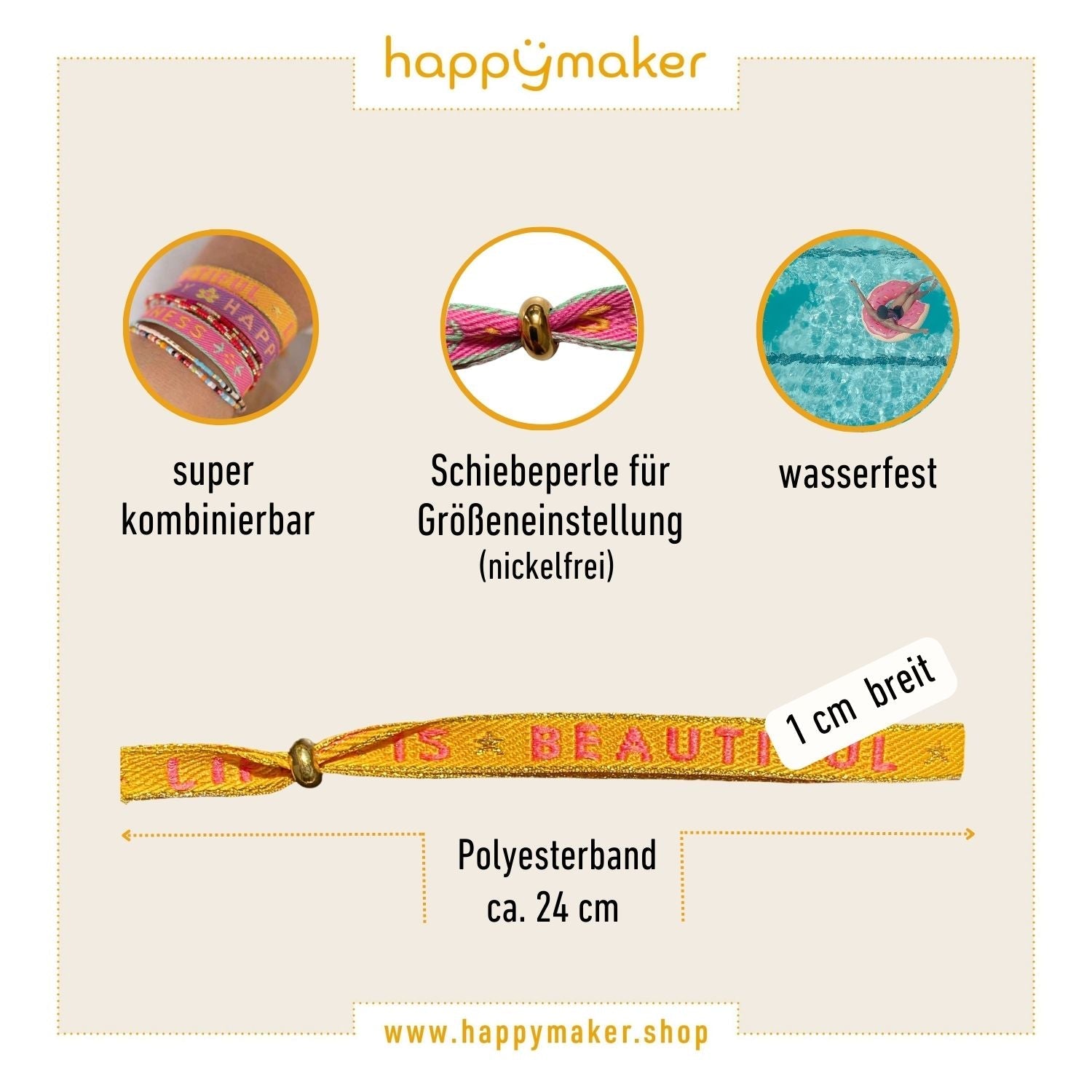 Statement Armband "Life Is Beautiful" aus Polyester mit verstellbarer Schiebeperle, wasserfest und 1 cm breit, ideal für Boho- oder Sommer-Looks.