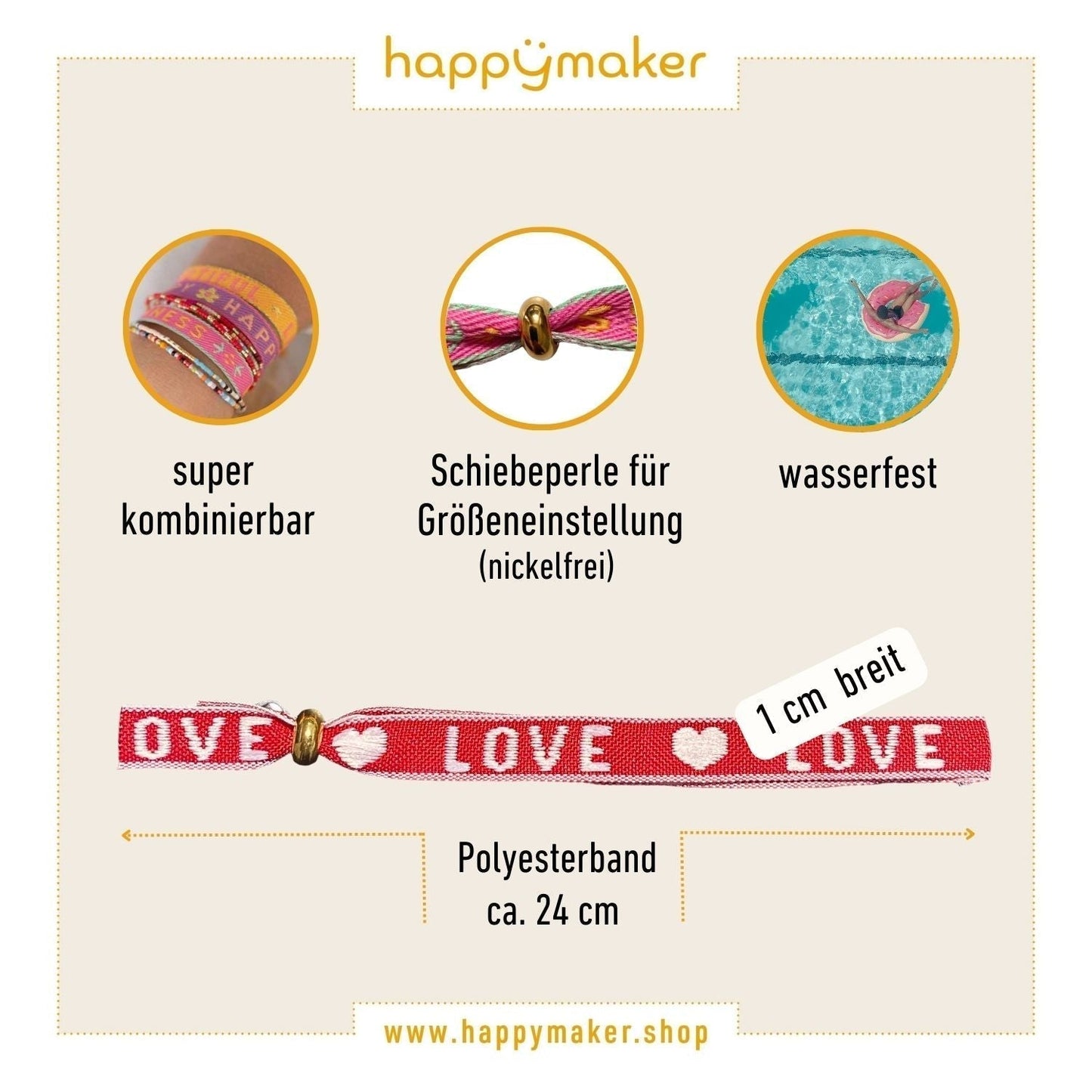 Boho Armbänder Set mit roten Love-Statement- und Glasperlenarmbändern, verstellbar und wasserfest.