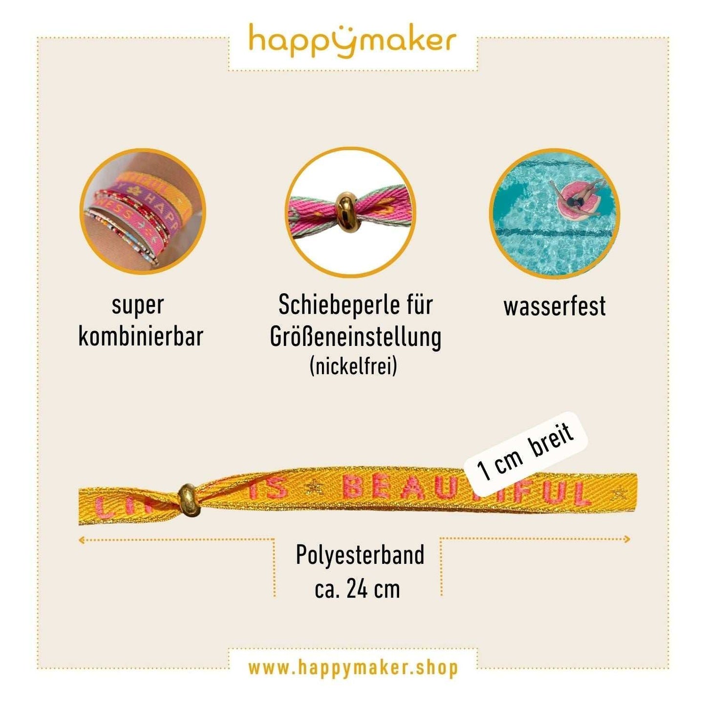 Größe und Beschaffenheitsdarstellung. vergoldete Edelstahlperle und Polyesterband max Länge 25 cm.and glass bead accents.