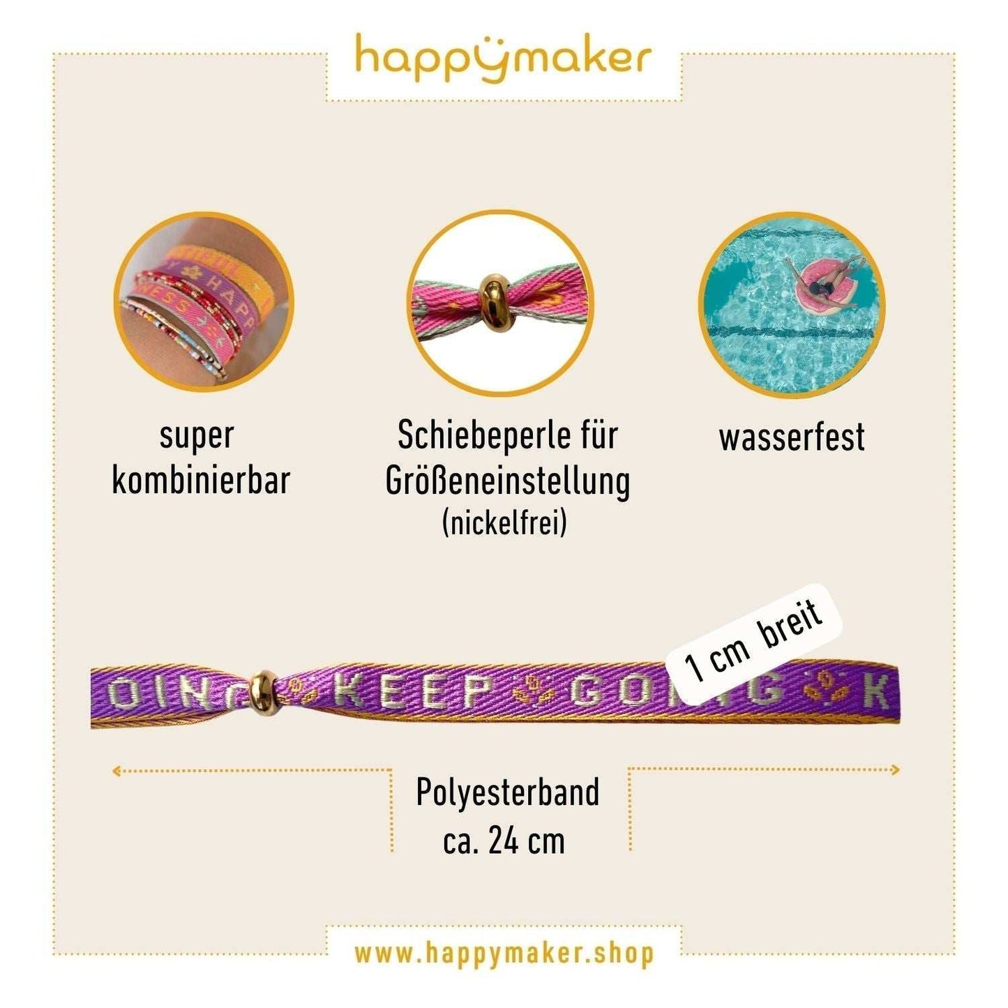 Statement Armband "Keep on Going" mit Schiebeperle für Größeneinstellung, wasserfestes Polyesterband, idealer Motivationsbegleiter.