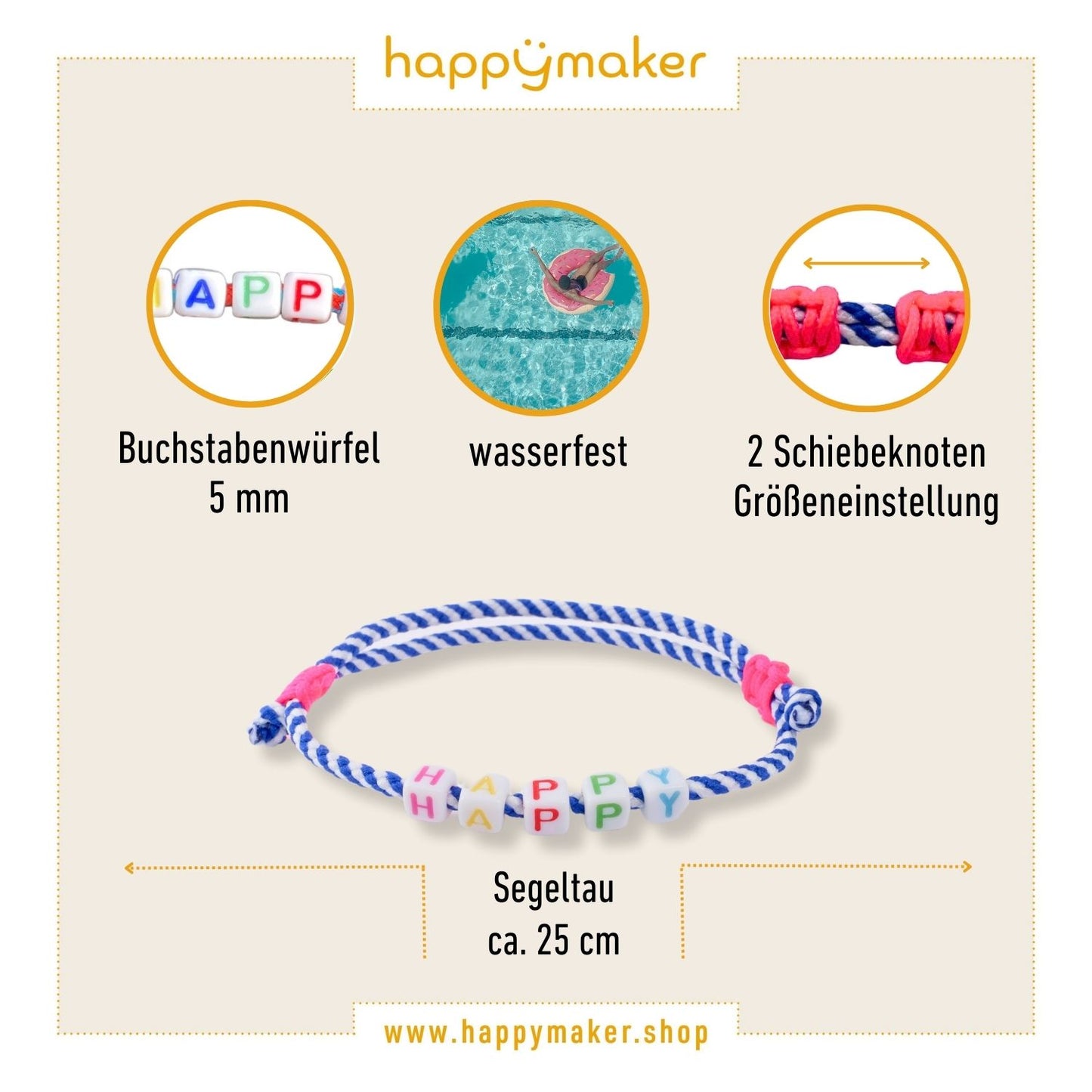 Segeltau Armband weiß blau gestreift - HAPPY