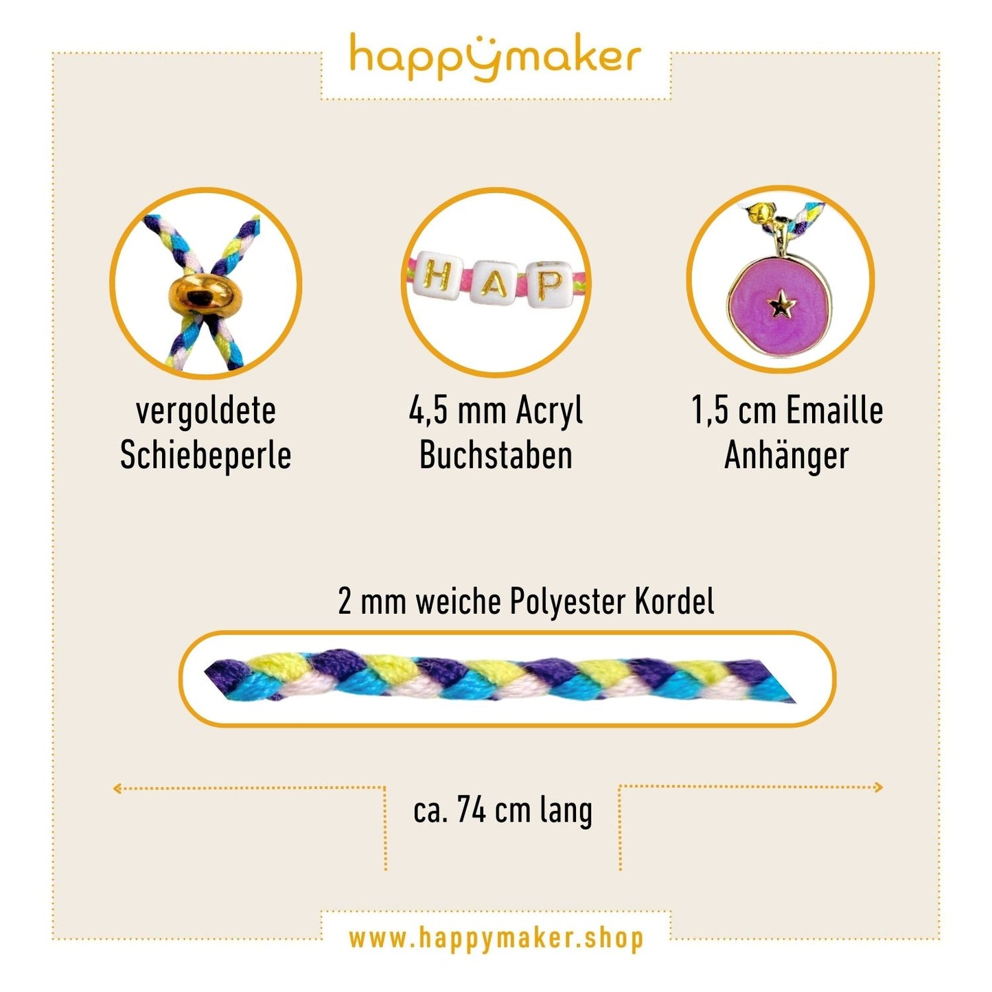 Halskette - Stoffkette mit HAPPY Buchstaben