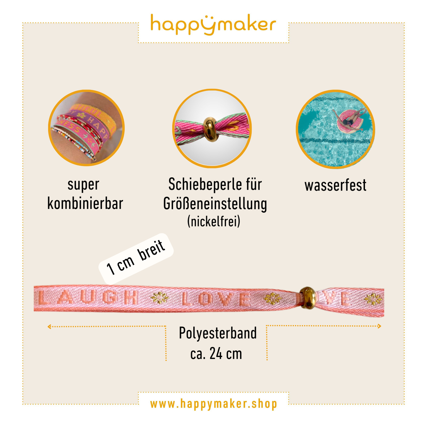 Statement Armband in Rosa-Pastell mit verstellbarer Schiebeperle, wasserfest.