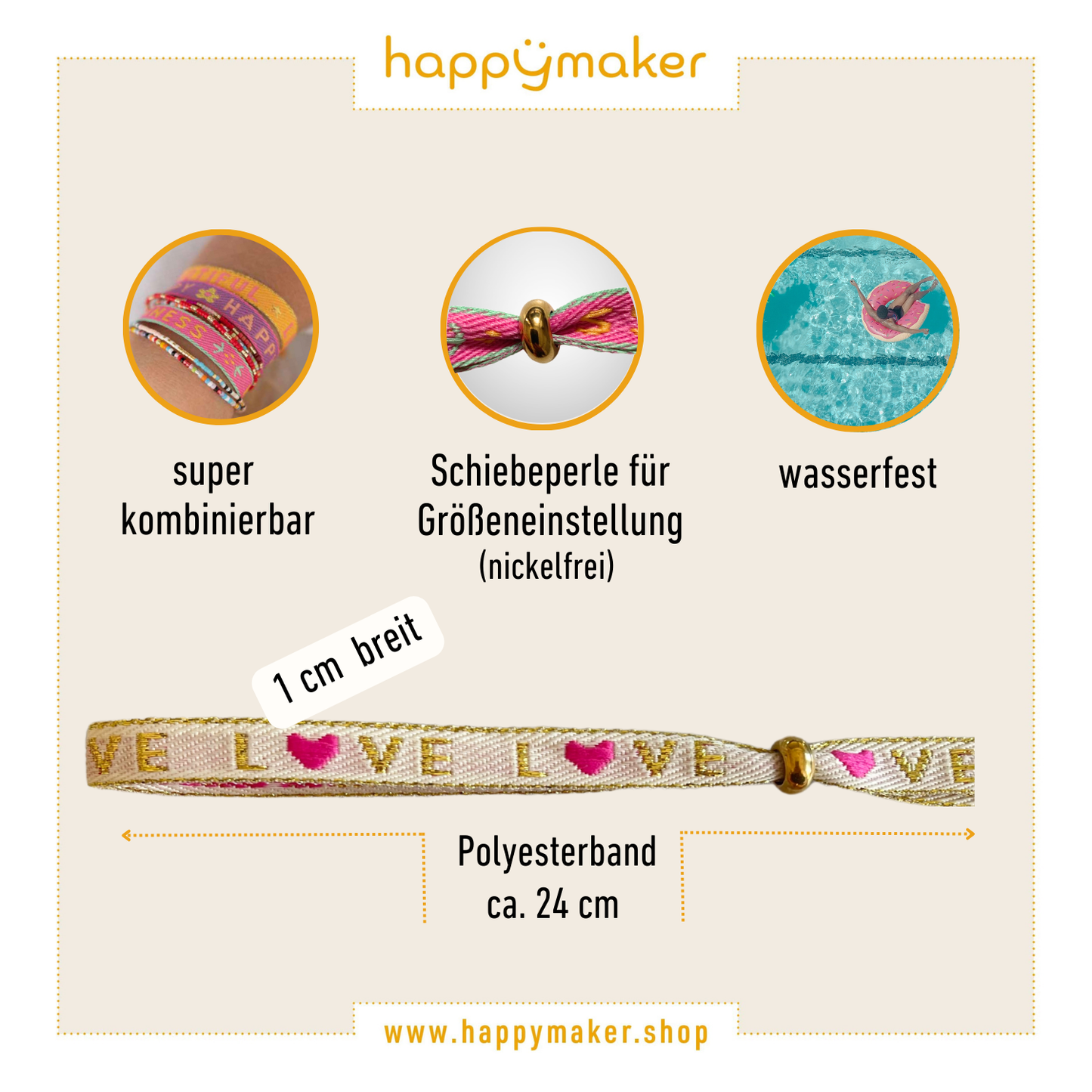 Statement Armband pink - Love with adjustable slider, heart design, in beige, gold, and pink; water-resistant material.