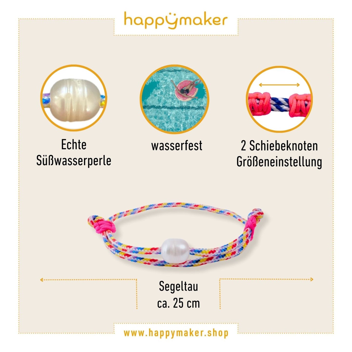 Segeltau Armband bunt - Süßwasserperle