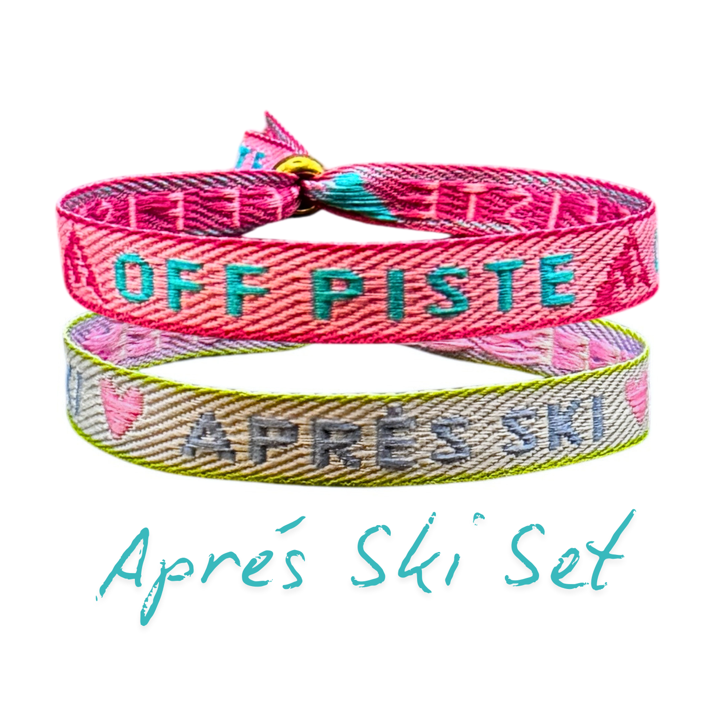 Statement Armband-Set Aprés Ski & Off Piste, colorful adventure-themed fabric bracelets.