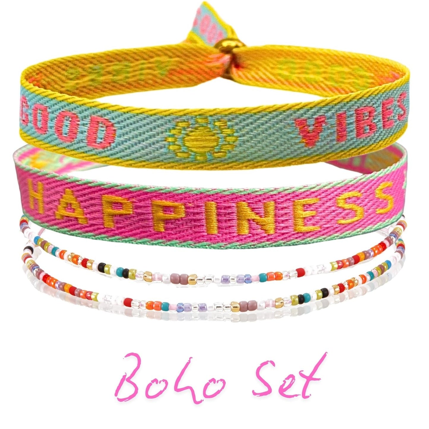 Boho Armbänder Set with "Happiness" and "Good Vibes" themed wristbands in pink and mint with glass bead accents.
