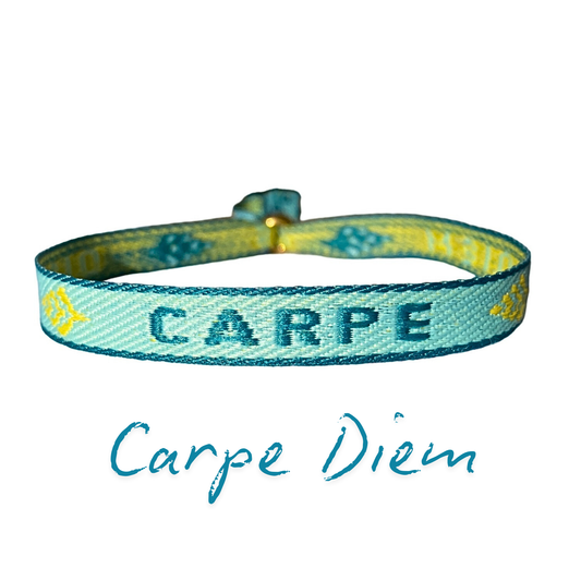 Blue and yellow textile statement armband with "Carpe Diem" inscription and adjustable slider clasp