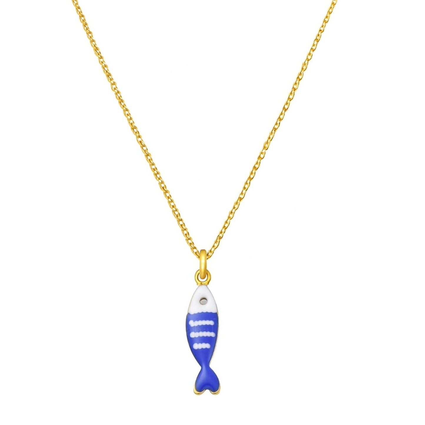 Goldkette mit blau-weißem Fischanhänger, 18k vergoldet, wasserfest.