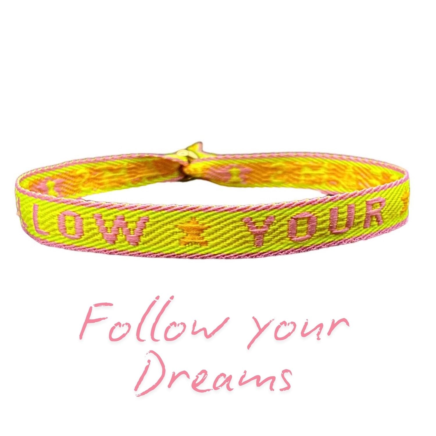 Gelbes Statement Armband mit "Follow Your Dreams" Schriftzug, verstellbare Schiebeperle, Boho Stil, wasserfest.