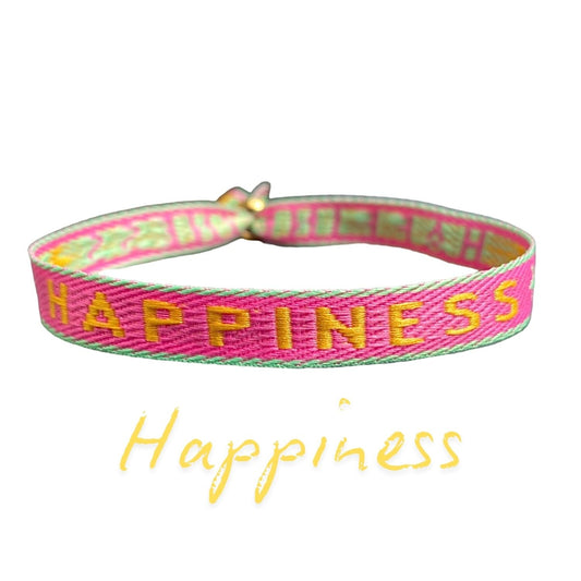 Buntes Statement Armband "Happiness" mit verstellbarer Schiebeperle und Schriftzug, wasserfest und ideal für Boho Style oder Festival Looks.