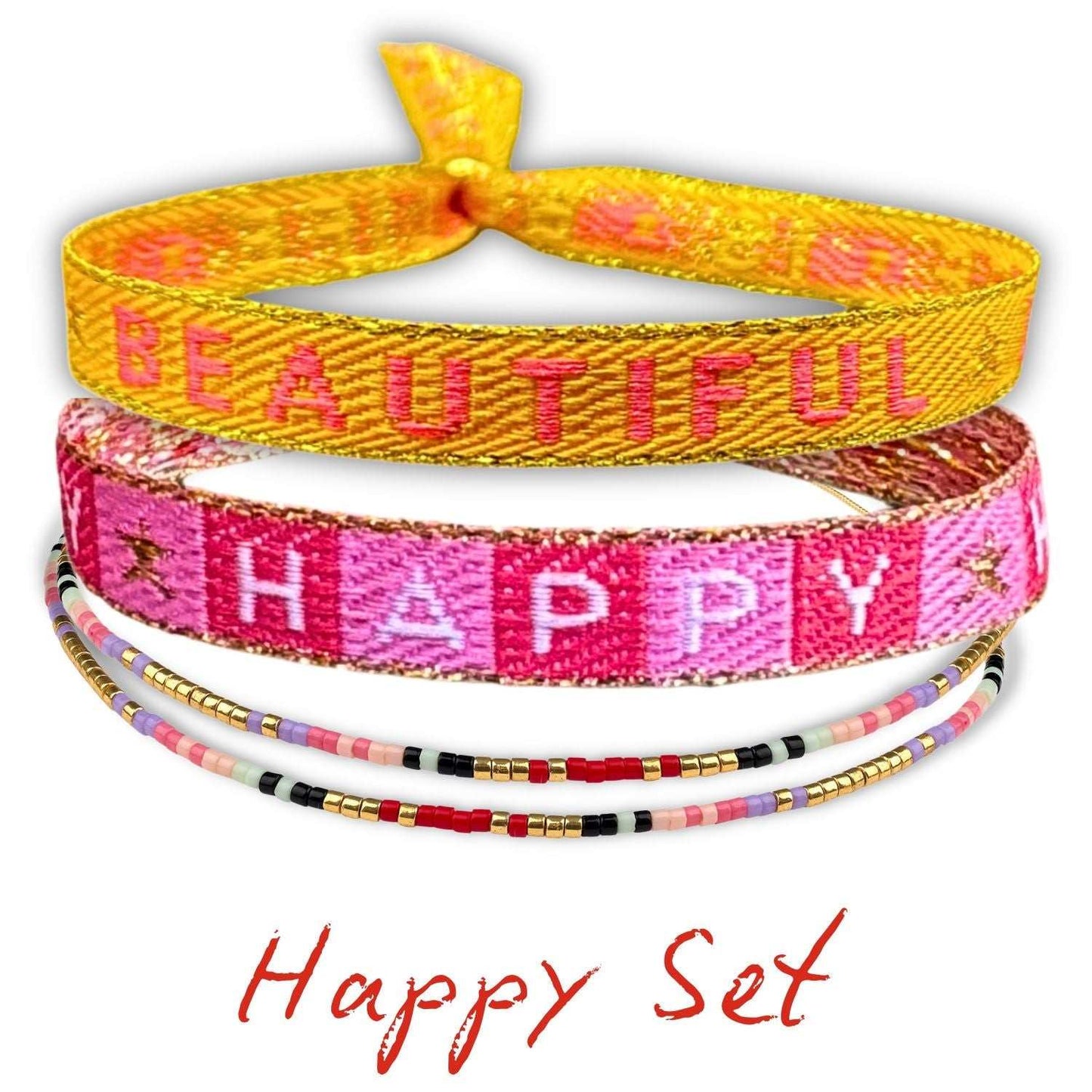 Boho Armbänder Set aus Statement und Glasperlen Armbänder. Happy und Life is Beautiful.