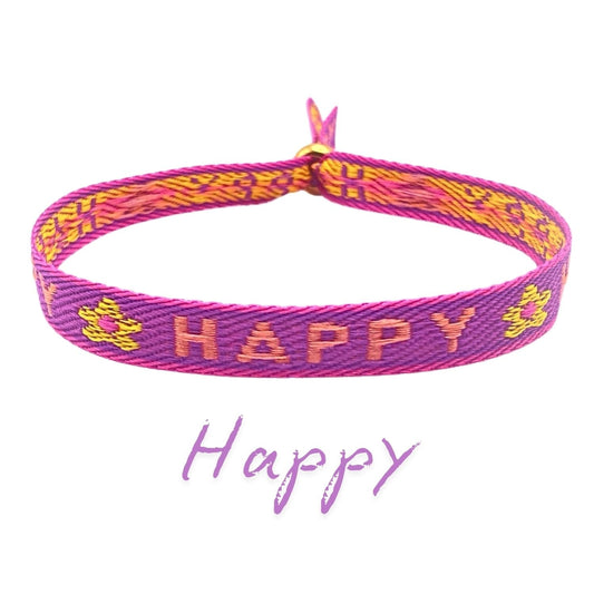 Lila Statement Armband mit "Happy"-Schriftzug, verstellbar, wasserfest, für Freude und Positivität.