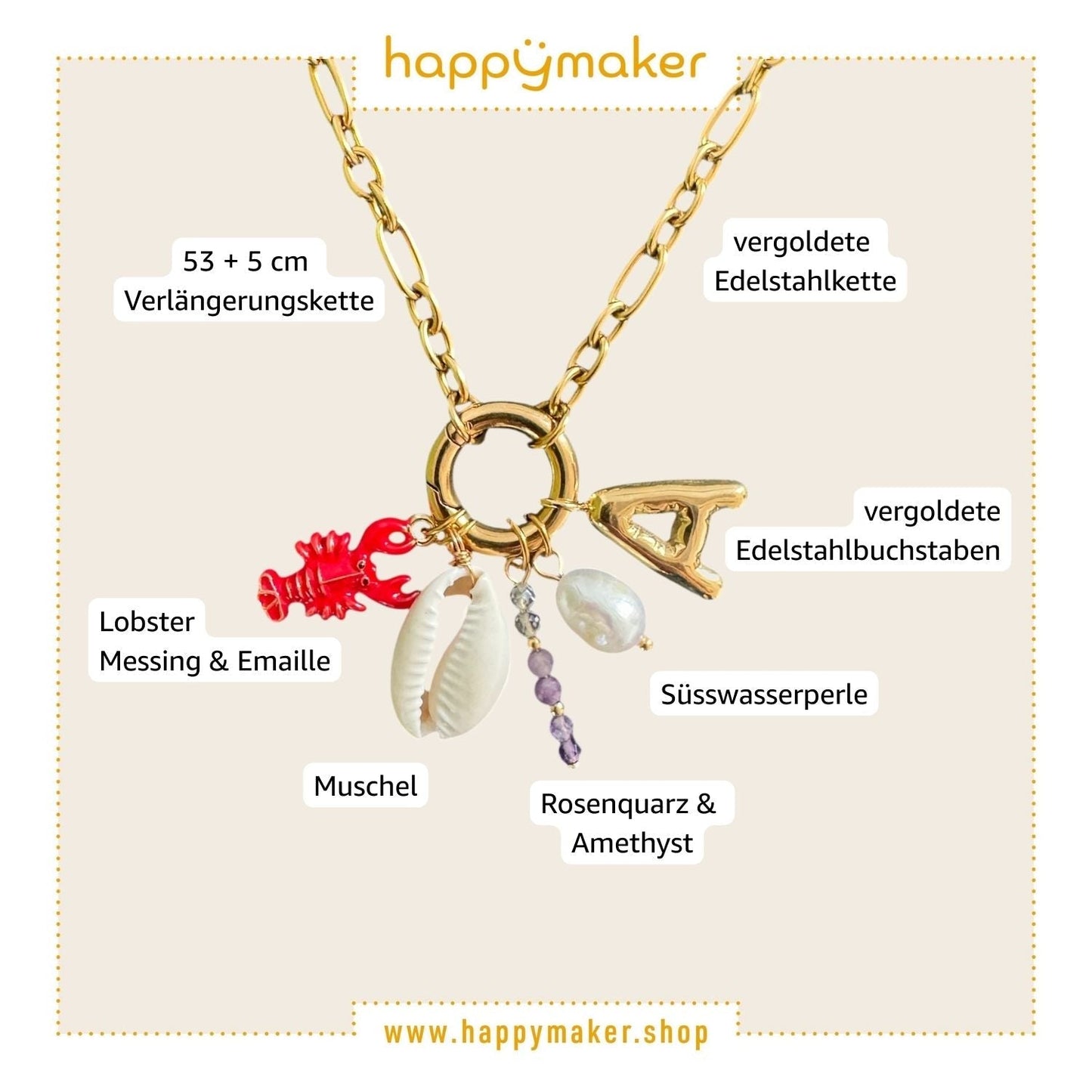 Vergrößerung der einzelnen Kettenbestandteile. Vergoldetes Edelstahl, echte Muschel, echte Edelsteine und Verlägnerungskette. charm pendants, featuring shell, lobster, freshwater pearl, and gemstones.