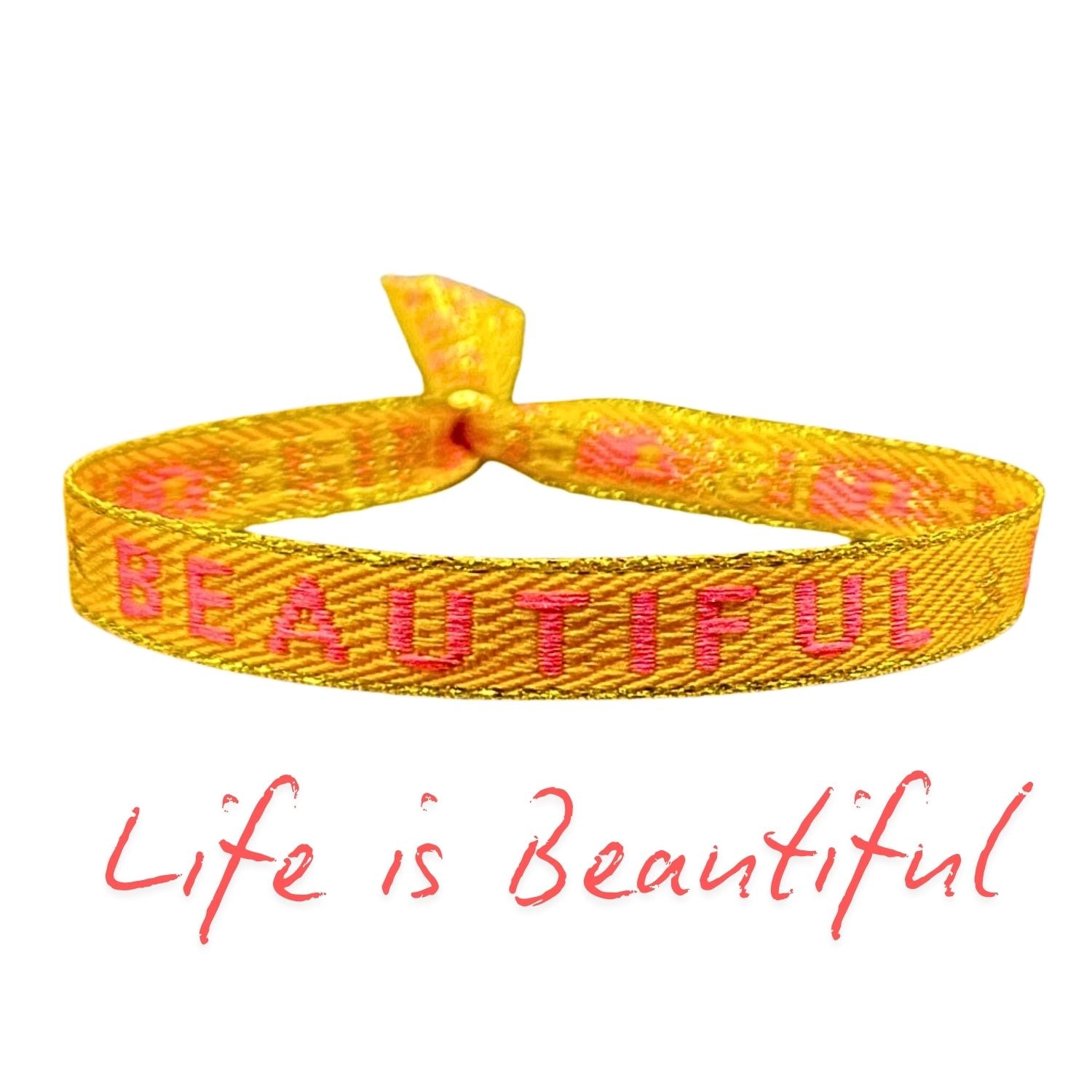 Statement Armband mit Aufschrift "Life is Beautiful" in Gelb und Pink, Boho Style, wasserfest und verstellbar.