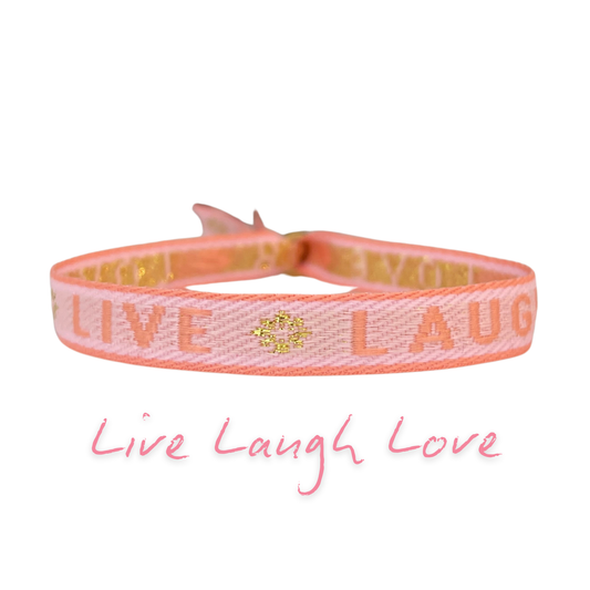 Statement armband in rosa mit Spruch "Live Laugh Love" pastel, größenverstellbar und waterproof.