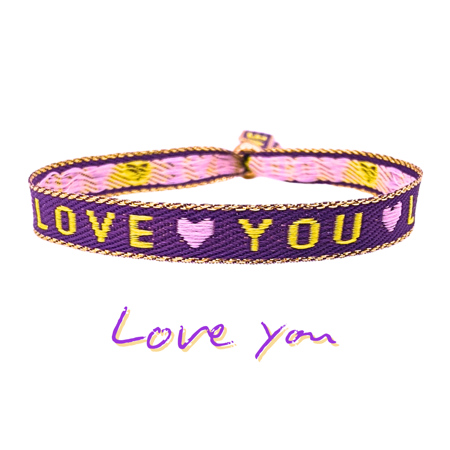 Statement Armband mit "Love you"-Aufschrift und Herzmotiv, lila und pink, wasserfest, verstellbar.