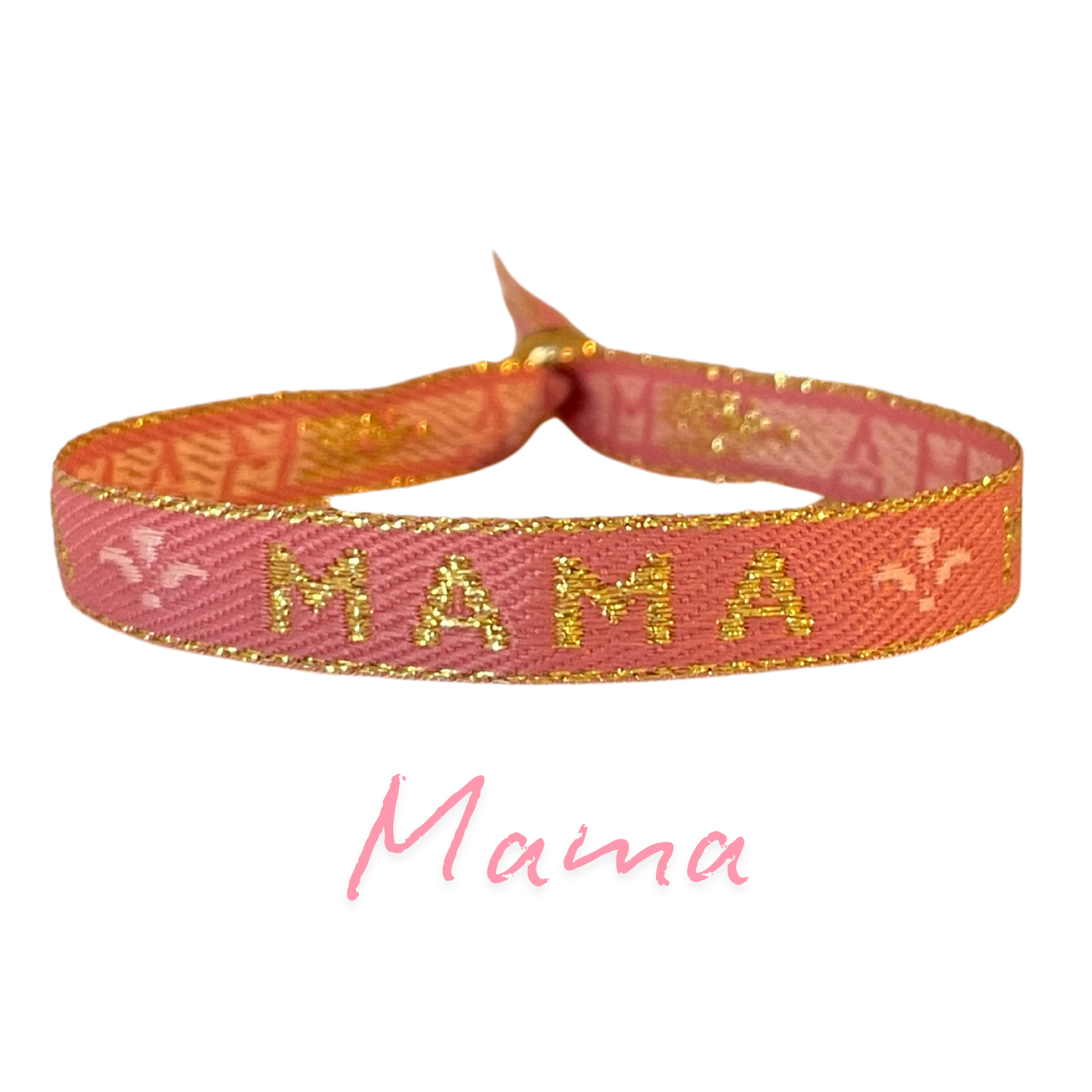 Statement Armband "Mama" in Rosa mit goldenem Schriftzug, verstellbare Schiebeperle.