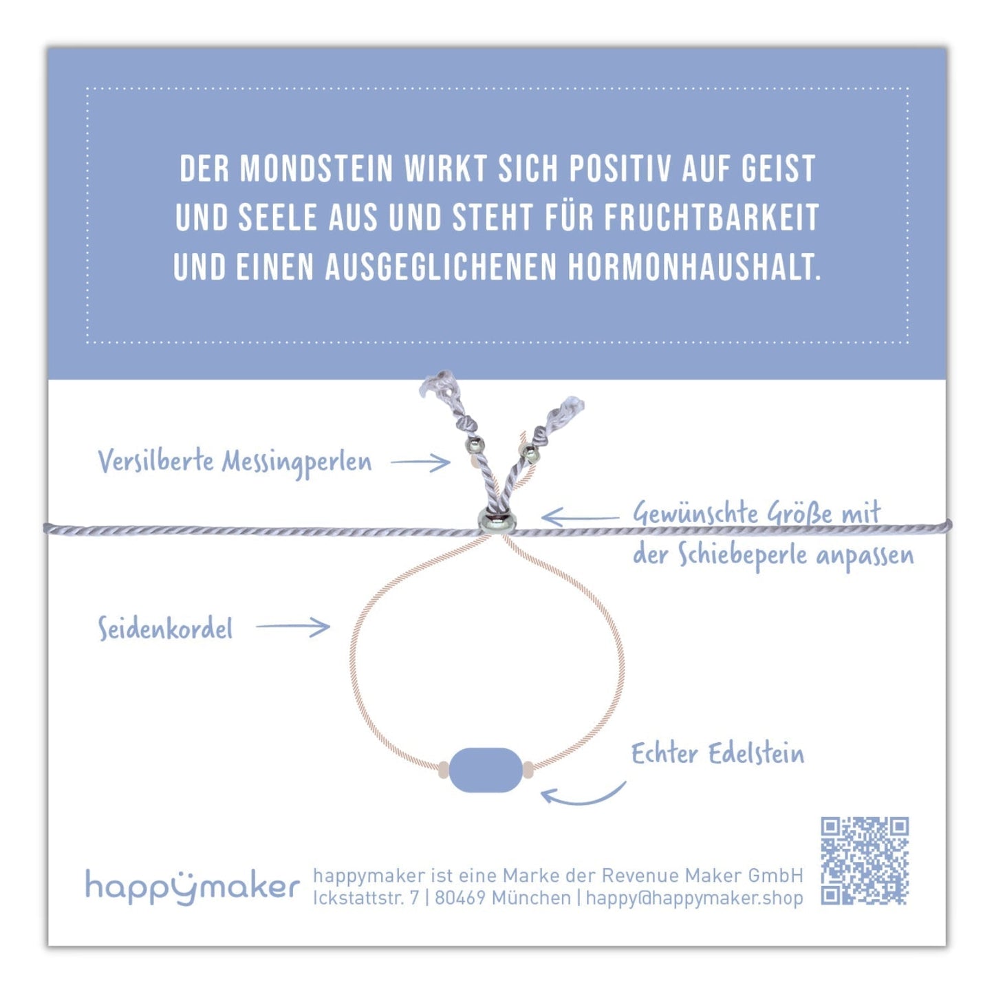 Mondstein Armband mit Seidenkordel und Messingperlen für Intuition und Harmonie.