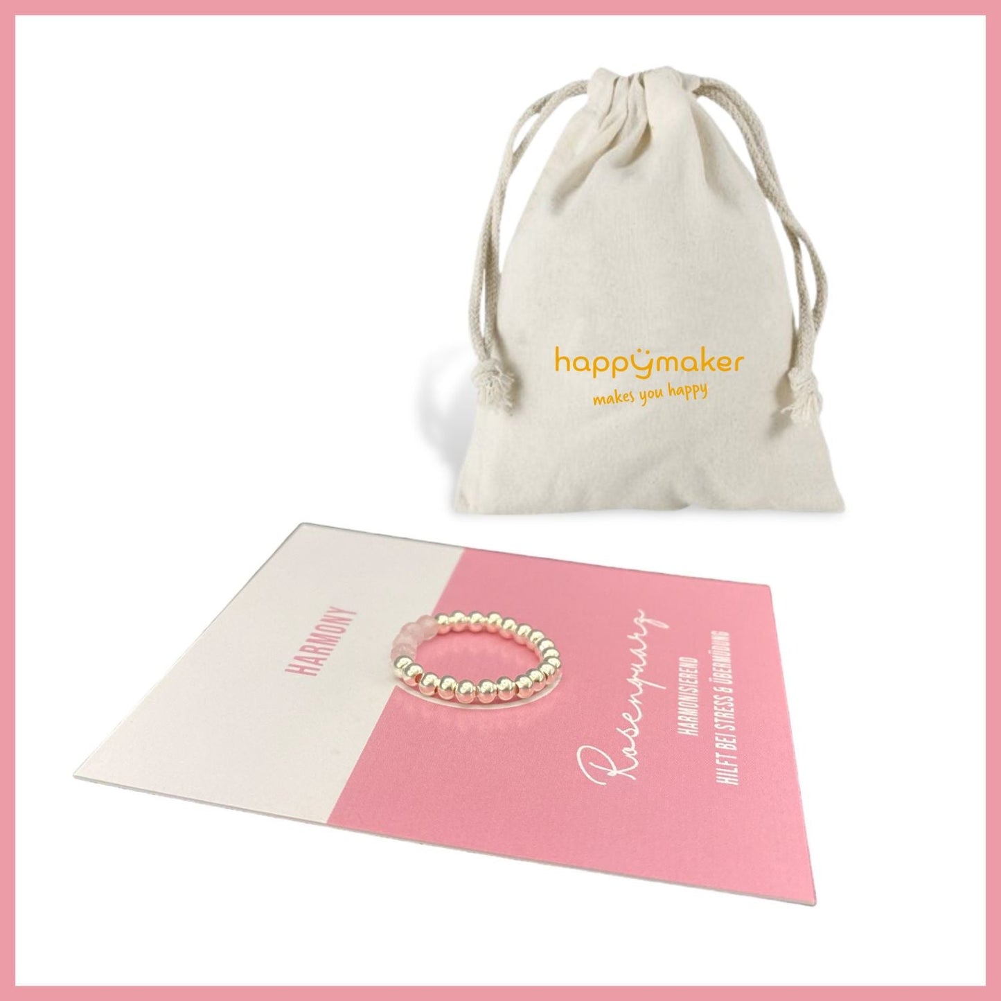 Edelstein Ring aus 925 Sterling Silber mit Rosenquarz, dargestellt in eleganter Verpackung.