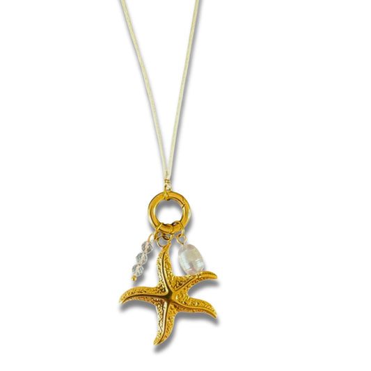 Charm Kette mit Satinband - Seestern, Süsswasserperle und Rosenquarz Anhänger
