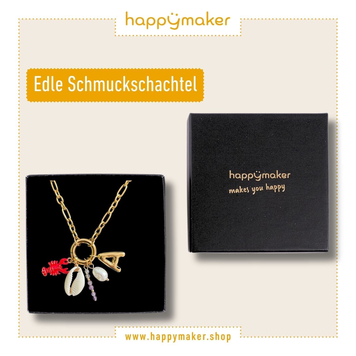 Verpackung der Charm Kette in einer schwarzen Schmuckschatulle