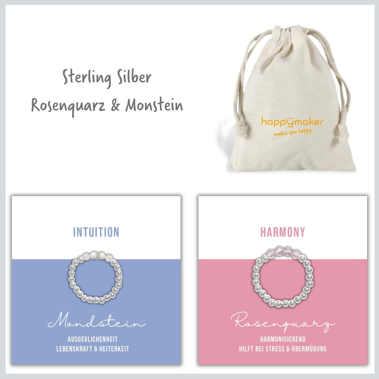 Edelstein Ring 2er Set auf Karte konfektioniet und im Baumwollbeutel verpackt. Rosenquarz, präsentiert in Stoffbeutel mit Beschreibungen zu Intuition und Harmonie.