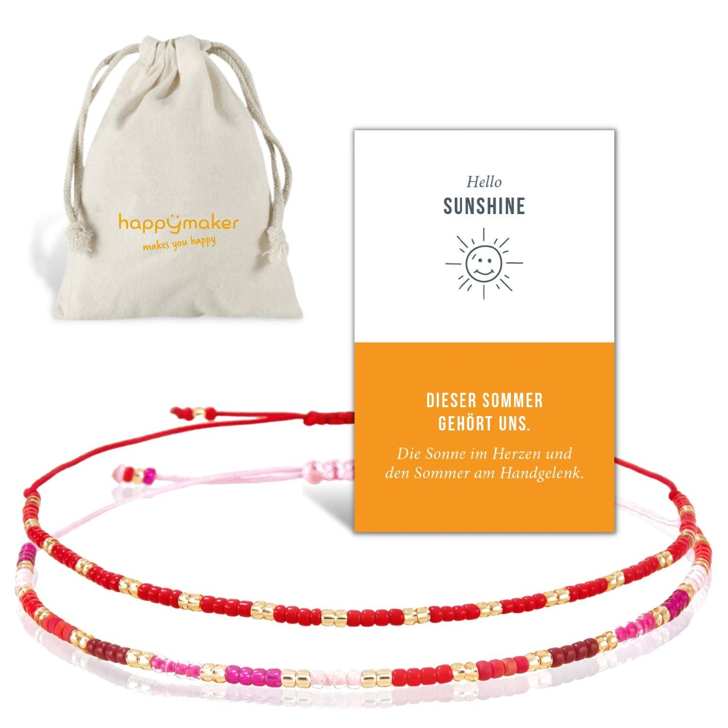 Freundschaftsarmband Sommer aus bunten Glasperlen, handgefertigt und wasserfest, mit Geschenk-Säckchen und Karte.
