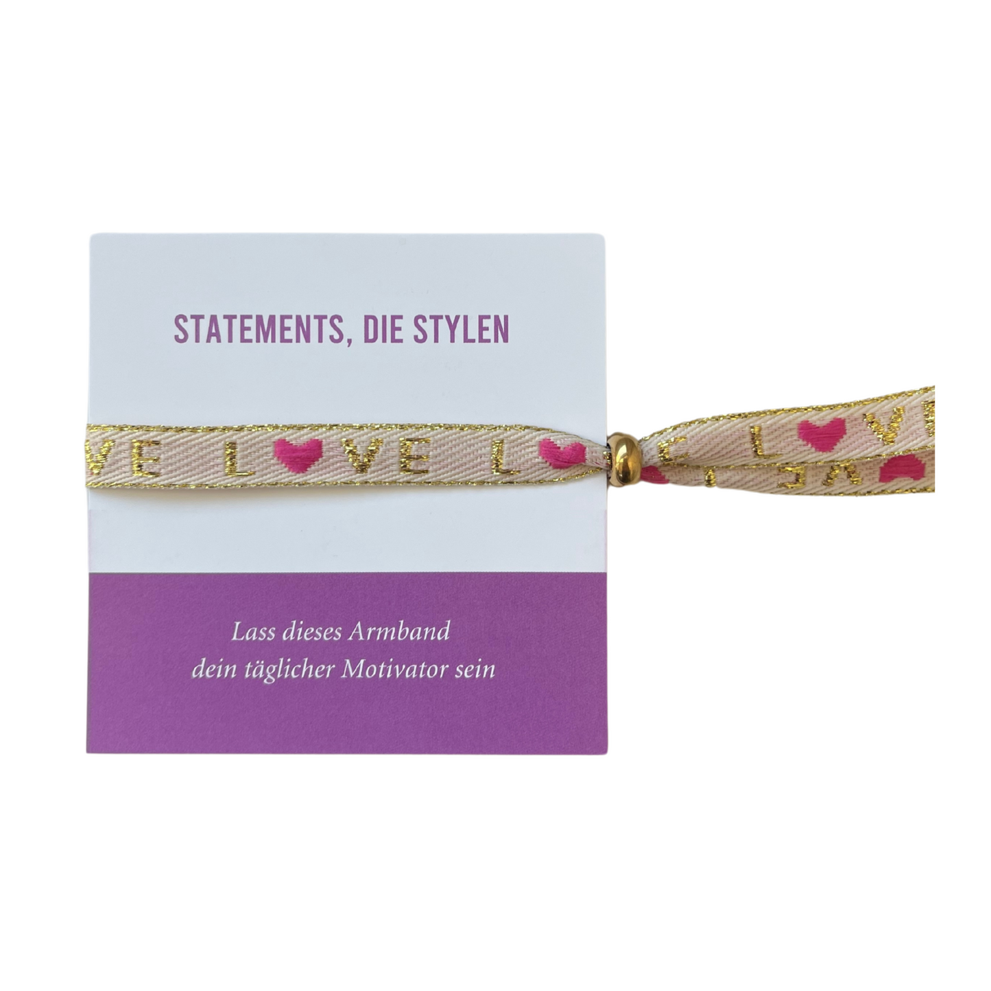 Statement Armband pink with LOVE design and pink heart, elegant and waterproof accessory.