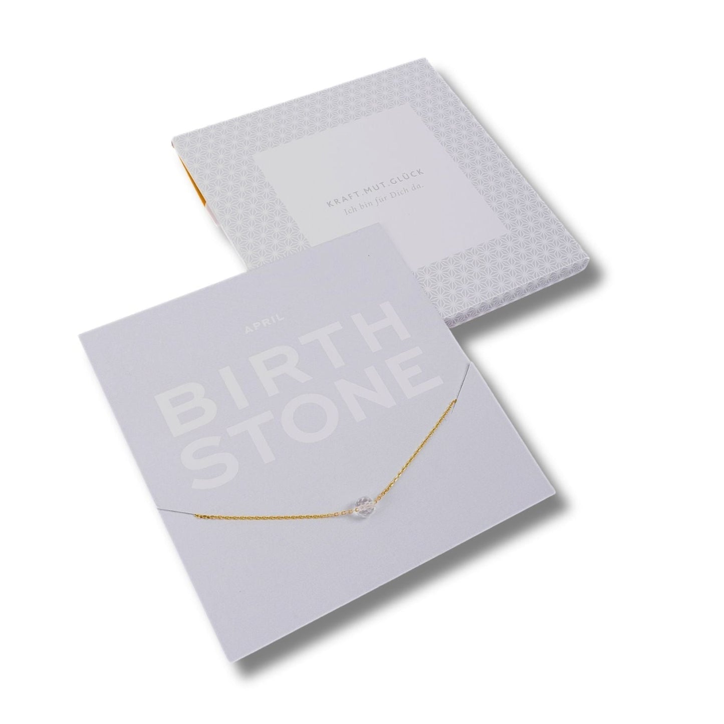Geburtsstein Kette April - Silberkette auf Karte konfektioniert mit Verpackung dargestellt.