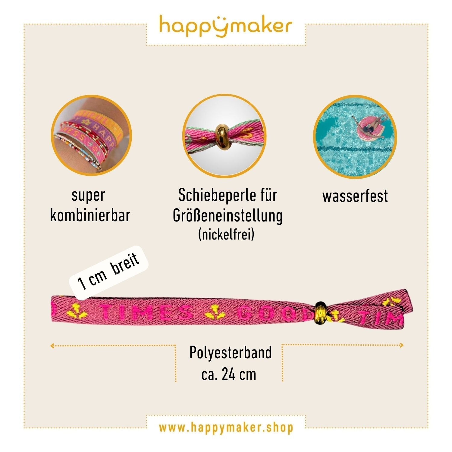 Farbenfrohes Statement-Armband „Good Times“ mit verstellbarer Perle, wasserdichtes Design, vielseitig einsetzbar für Boho-Style und Festivals.
