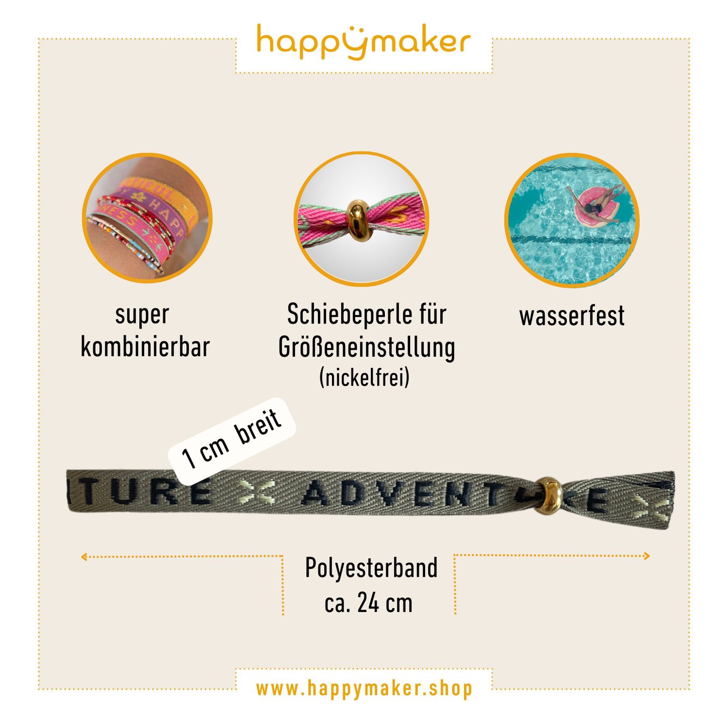 Statement armband Carpe Diem made of adjustable waterproof polyester band with slide bead, 24 cm length, 1 cm wide.