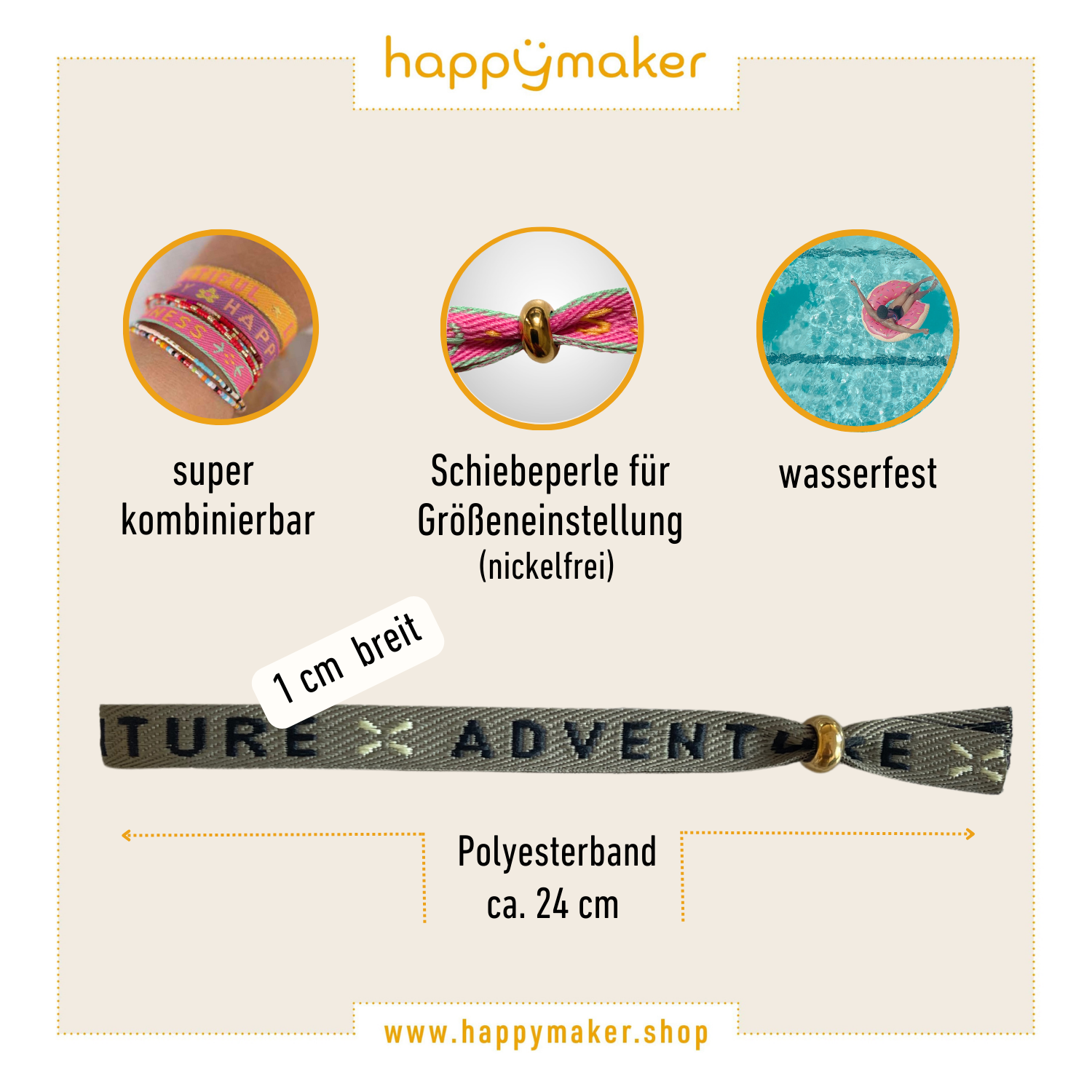 Statement armband Carpe Diem made of adjustable waterproof polyester band with slide bead, 24 cm length, 1 cm wide.