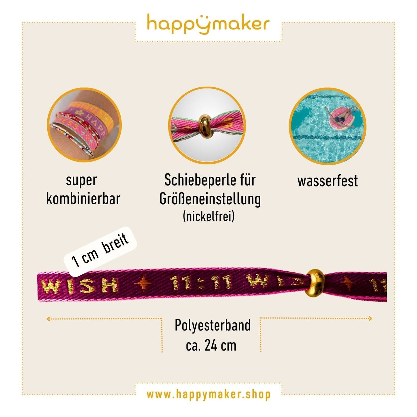 Statement Armband Wish 11:11 aus wasserfestem Polyester mit verstellbarer Schiebeperle, ideal für Boho-Look und Festival-Outfits.