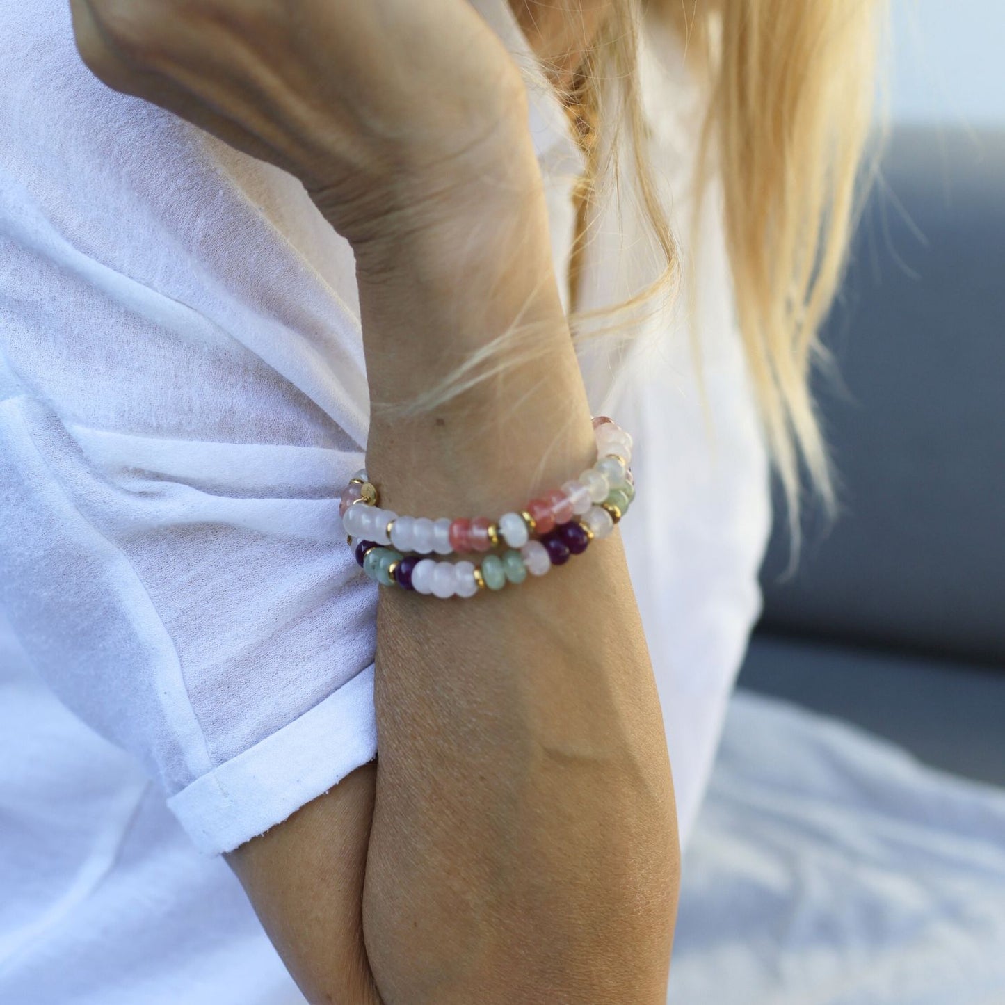 Edelstein Perlenarmband - Aquamarin und Jade