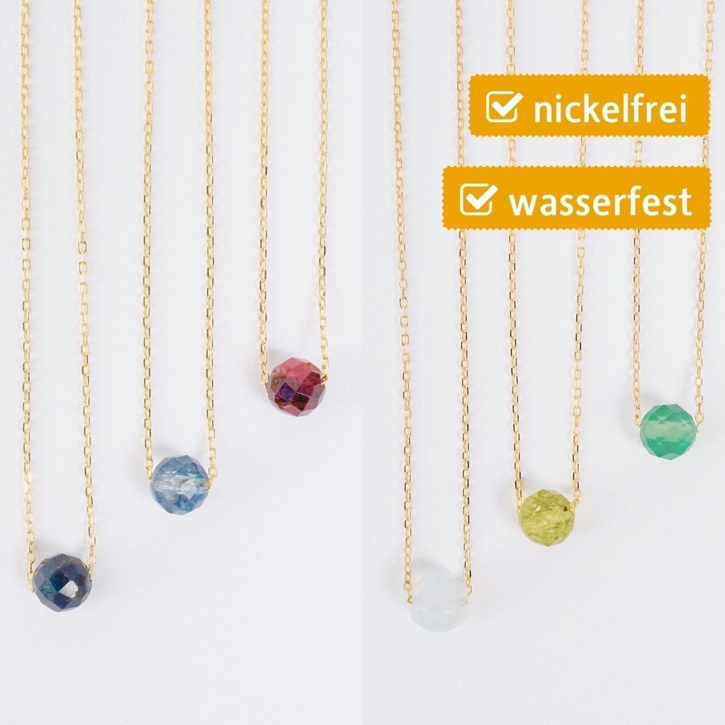 Geburtsstein Kette, sterling Silber vergoldet mit facierten Edelsteinen.