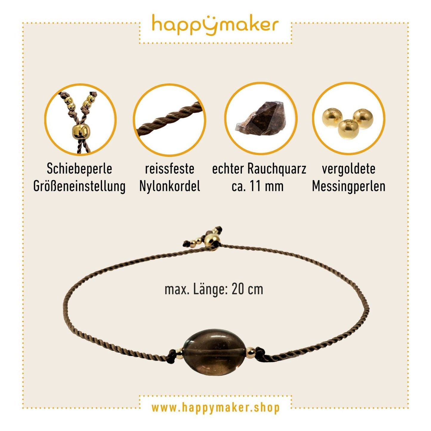 Rauchquarz Armband mit verstellbarem Nylonkordel und vergoldeten Messingperlen.