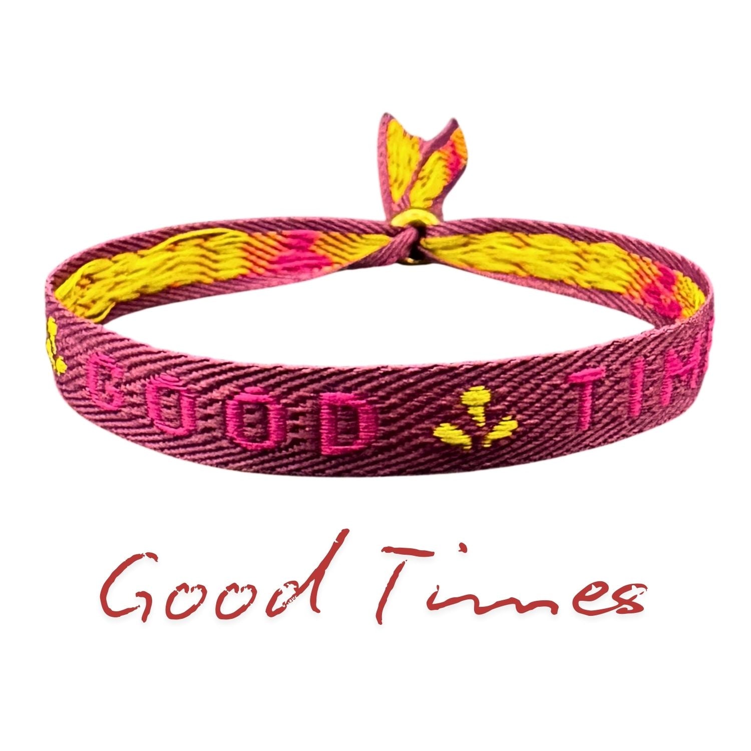 Farbenfrohes „Good Times“-Statement-Armband mit verstellbarer Perle, perfekt für Boho-Stil und Festivals.