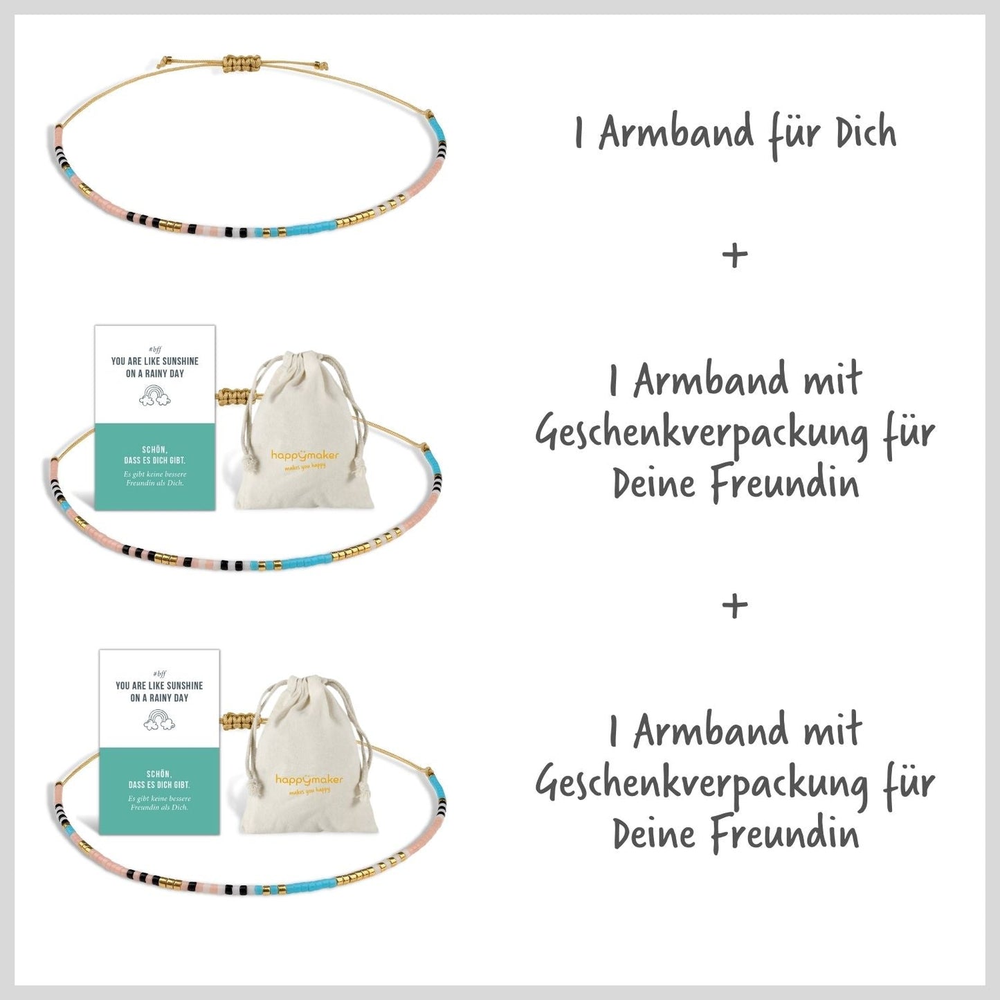 Freundschaftsarmband 3er Set mit Geschenkverpackung für Freundinnen, bestehend aus feinen Glasperlen, größenverstellbar und wasserfest.