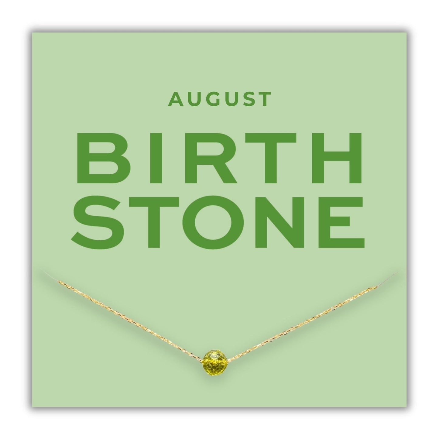 Geburtsstein Kette August, vergoldete Silberkette mit Peridot,auf Karte konfektioniert, perfekt für selbstbewusste und zielgerichtete Menschen.