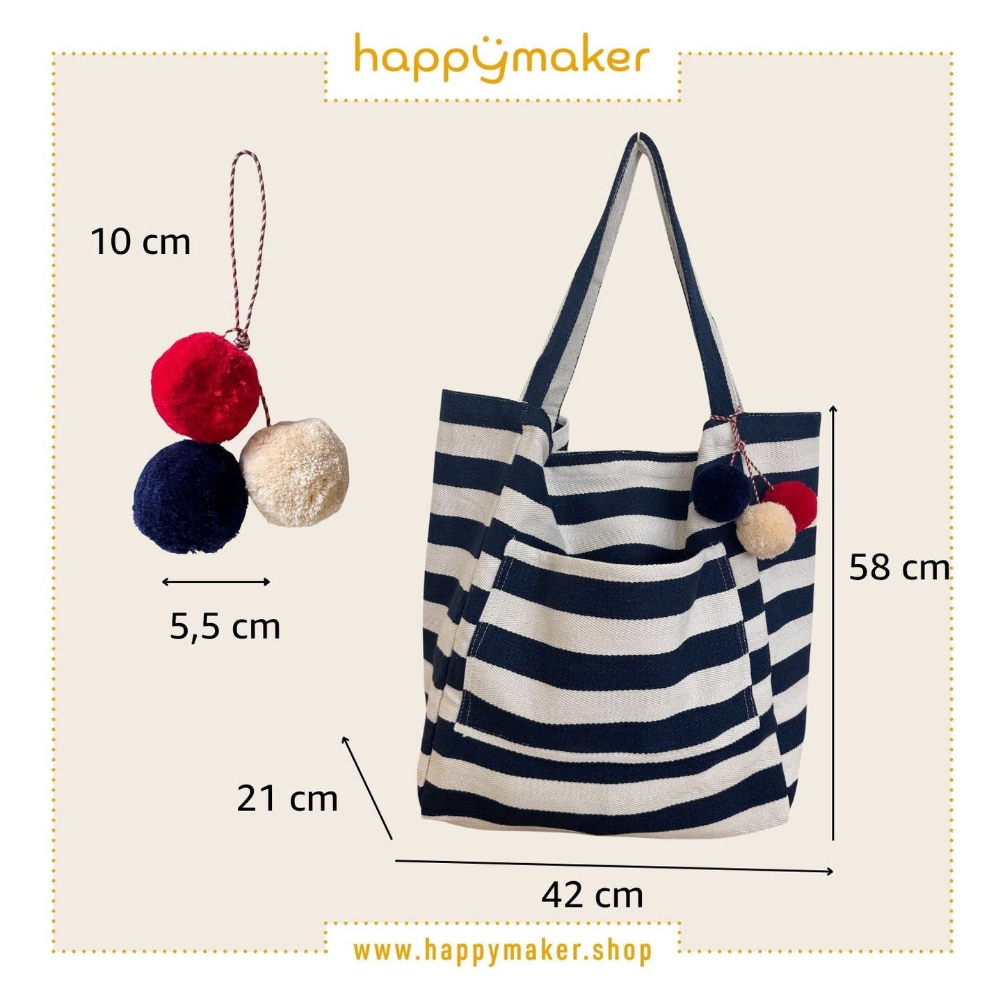 Badetasche XXL - blau-weiss gestreift mit Pompom