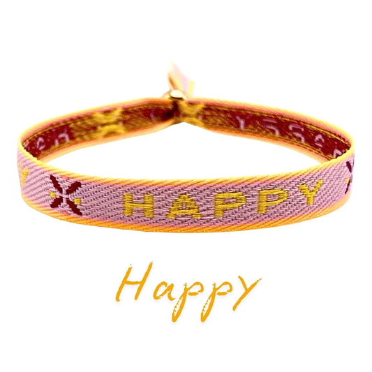 Gelbes Statement Armband mit Aufschrift "Happy", verstellbar und wasserfest, ideal für Boho Style.