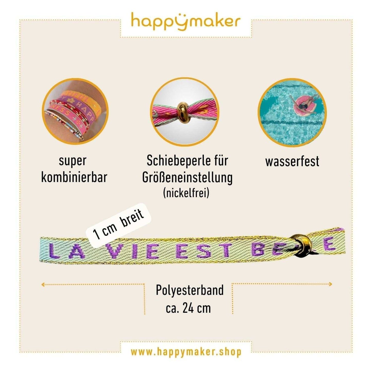 Statement Armband blau mit Schrift "La Vie Est Belle", verstellbar, wasserfest, für Boho- und Festival-Looks.