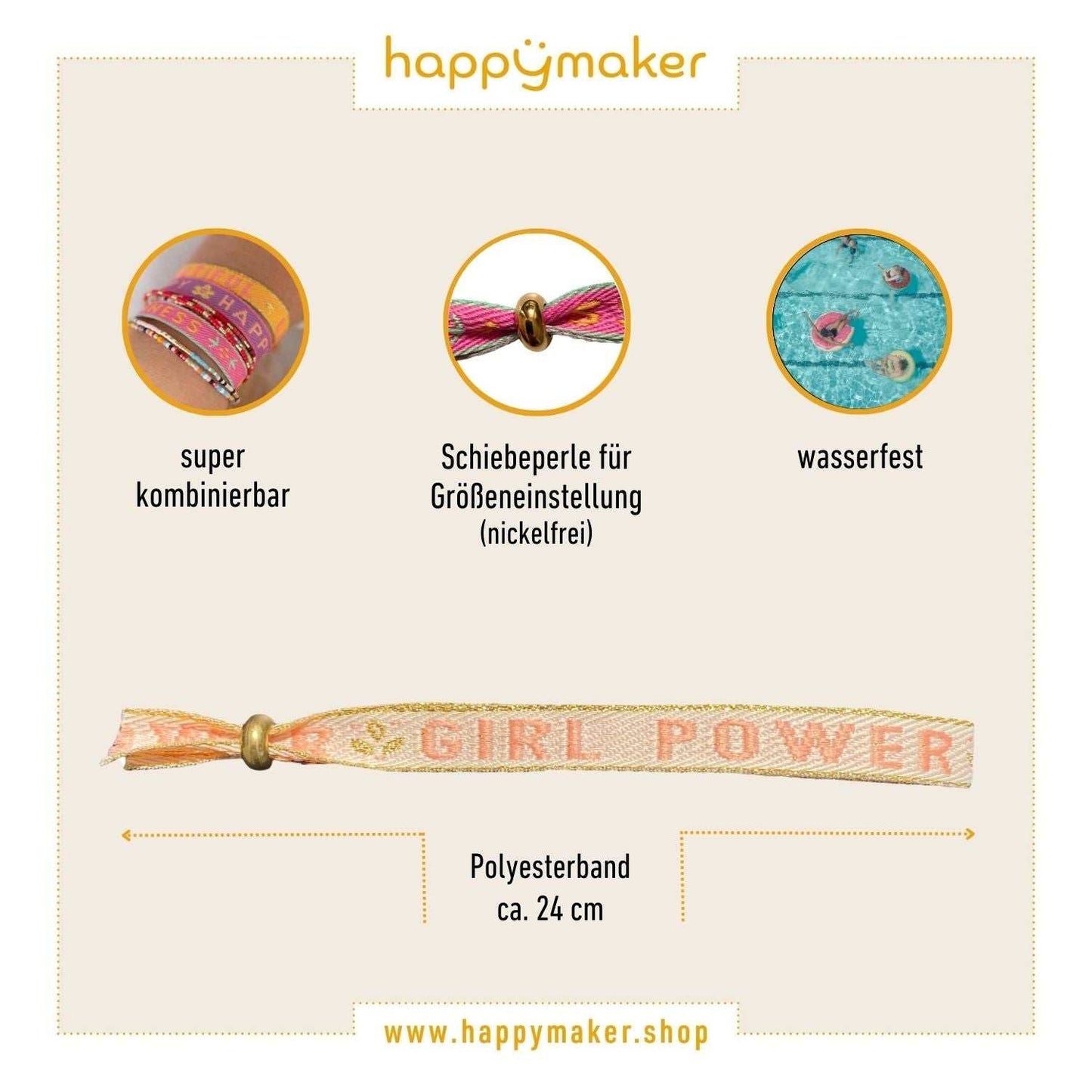 Statement Armband "Power Girl" in Boho Style mit verstellbarer Schiebeperle, wasserfest und cooles Accessoire für Festival Outfits.