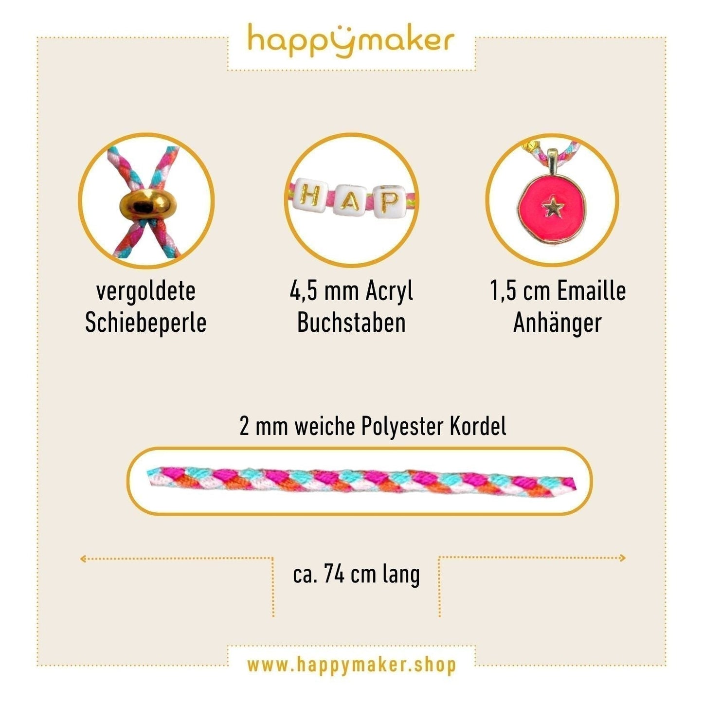 Halskette aus Stoffband mit "LOVE" Buchstaben, rote Emaille-Anhänger, verstellbare Länge mit vergoldeter Schiebeperle, 74 cm lang.