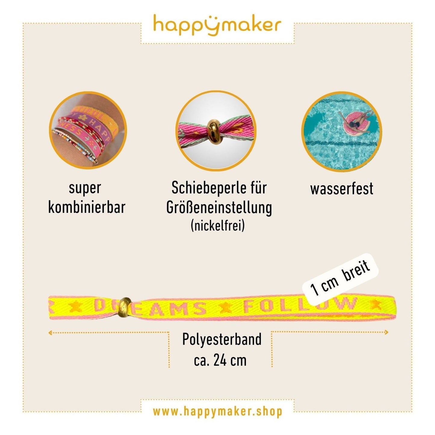 Statement Armband "Follow Your Dreams" in Gelb, verstellbar, wasserfest, mit vegoldeter Edelstahlperle für Boho-Style.