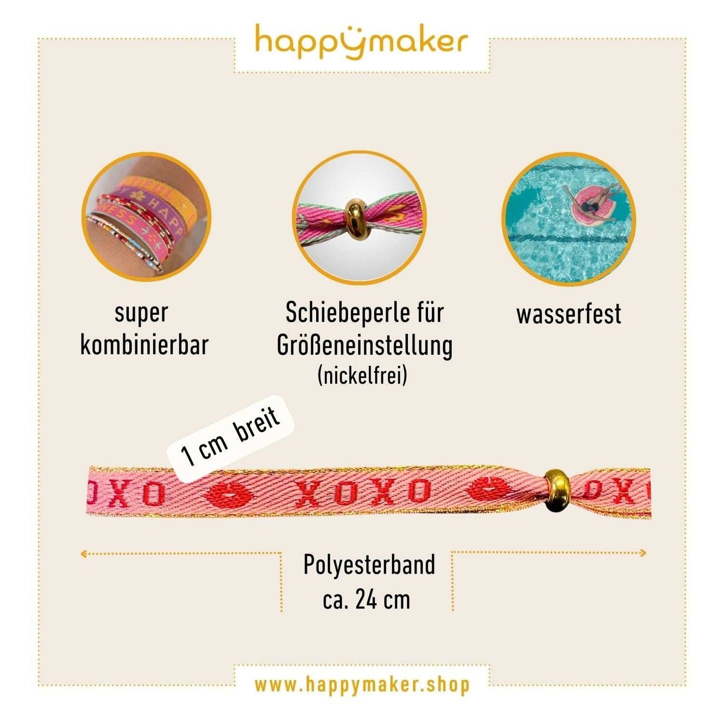 Statement Armband - XOXO in red and pink fabric with adjustable bead, waterproof design.