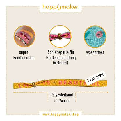 happymaker Stoffarmband mit Statement - Life is Beautiful